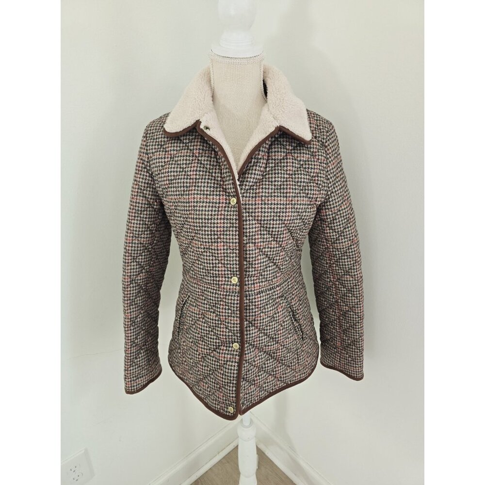 Lauren Ralph Lauren Houndstooth Quilted Jacket S Brown Green Faux Sherpa Collar - Picture 14 of 14